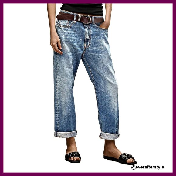 Denim - Straight Leg Cropped Jeans Mid Rise Boyfriend Fit Classic Denim Pants